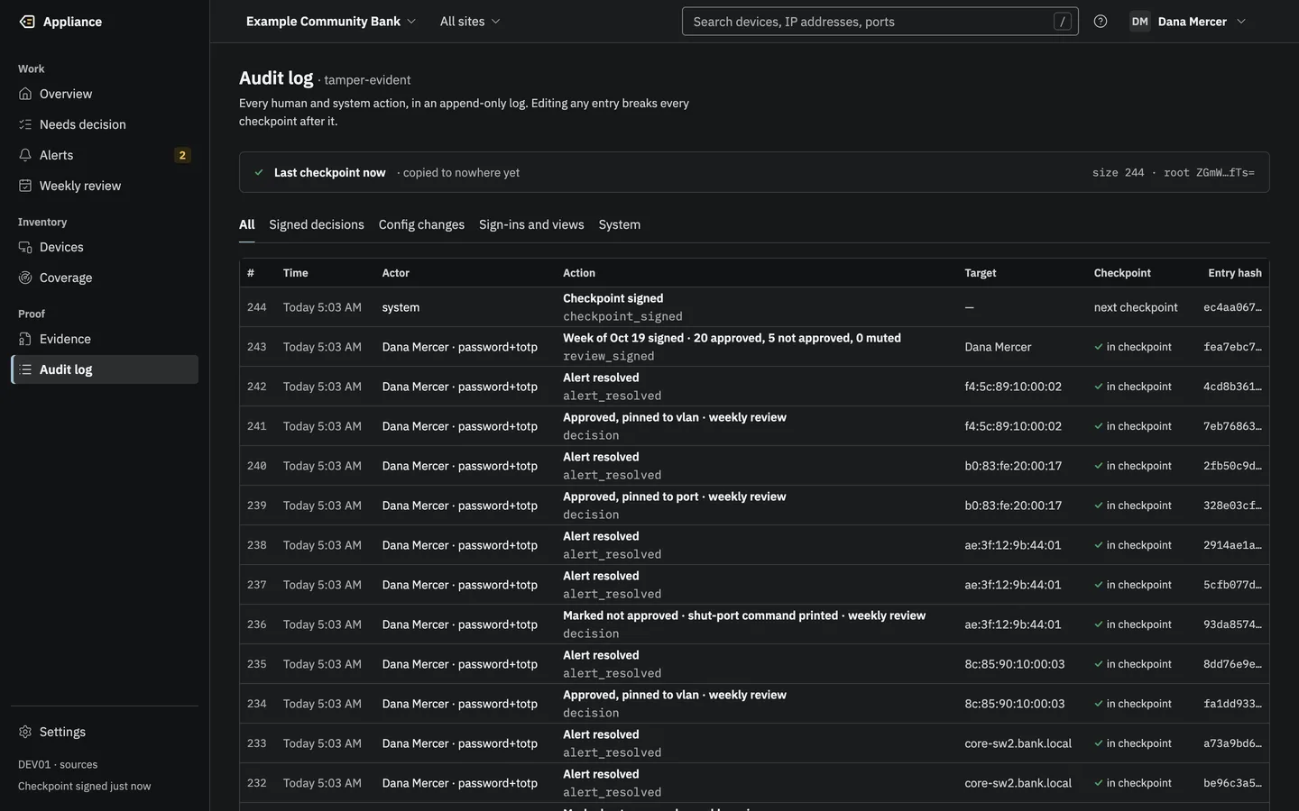 The audit log: the last signed checkpoint with its size and root, and entries with number, time, actor and sign-in method, action, target, checkpoint and entry hash.
