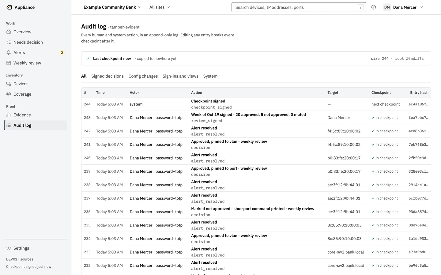The audit log: the last signed checkpoint with its size and root, and entries with number, time, actor and sign-in method, action, target, checkpoint and entry hash.