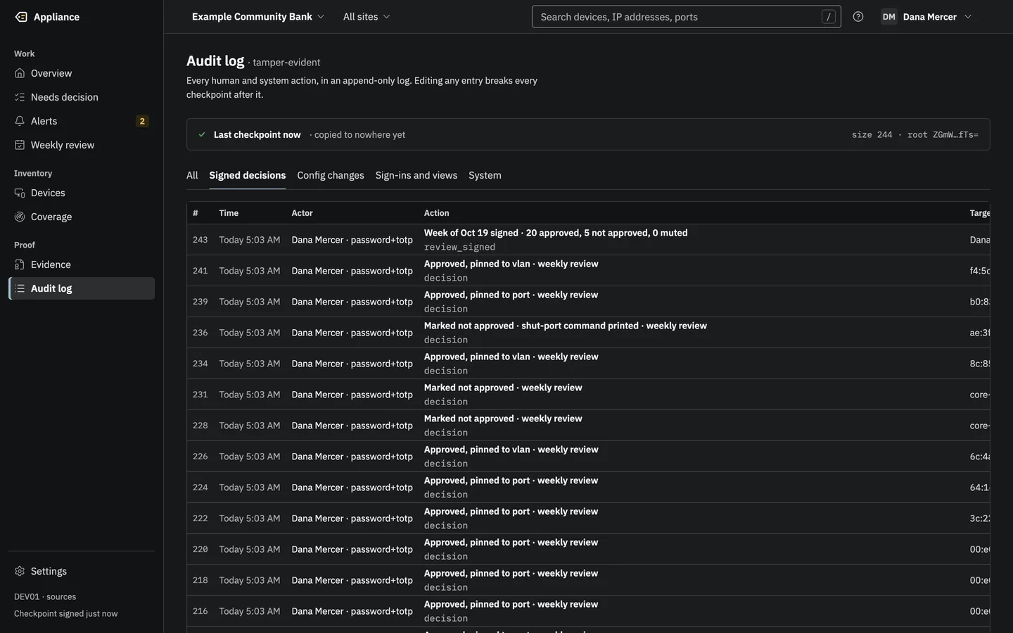 The audit log filtered to signed decisions, with the signed week summary and each decision.