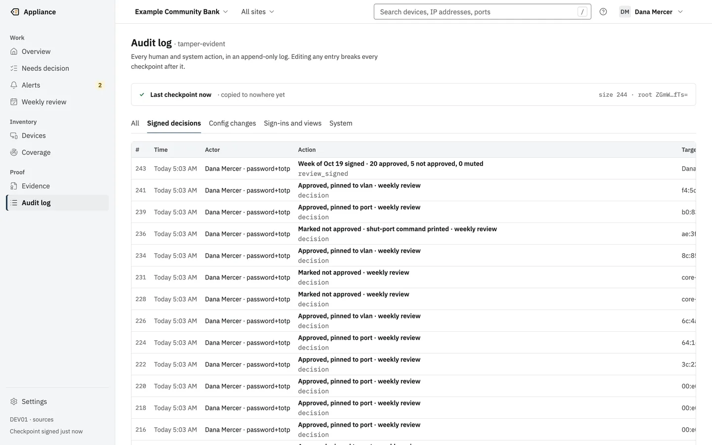 The audit log filtered to signed decisions, with the signed week summary and each decision.