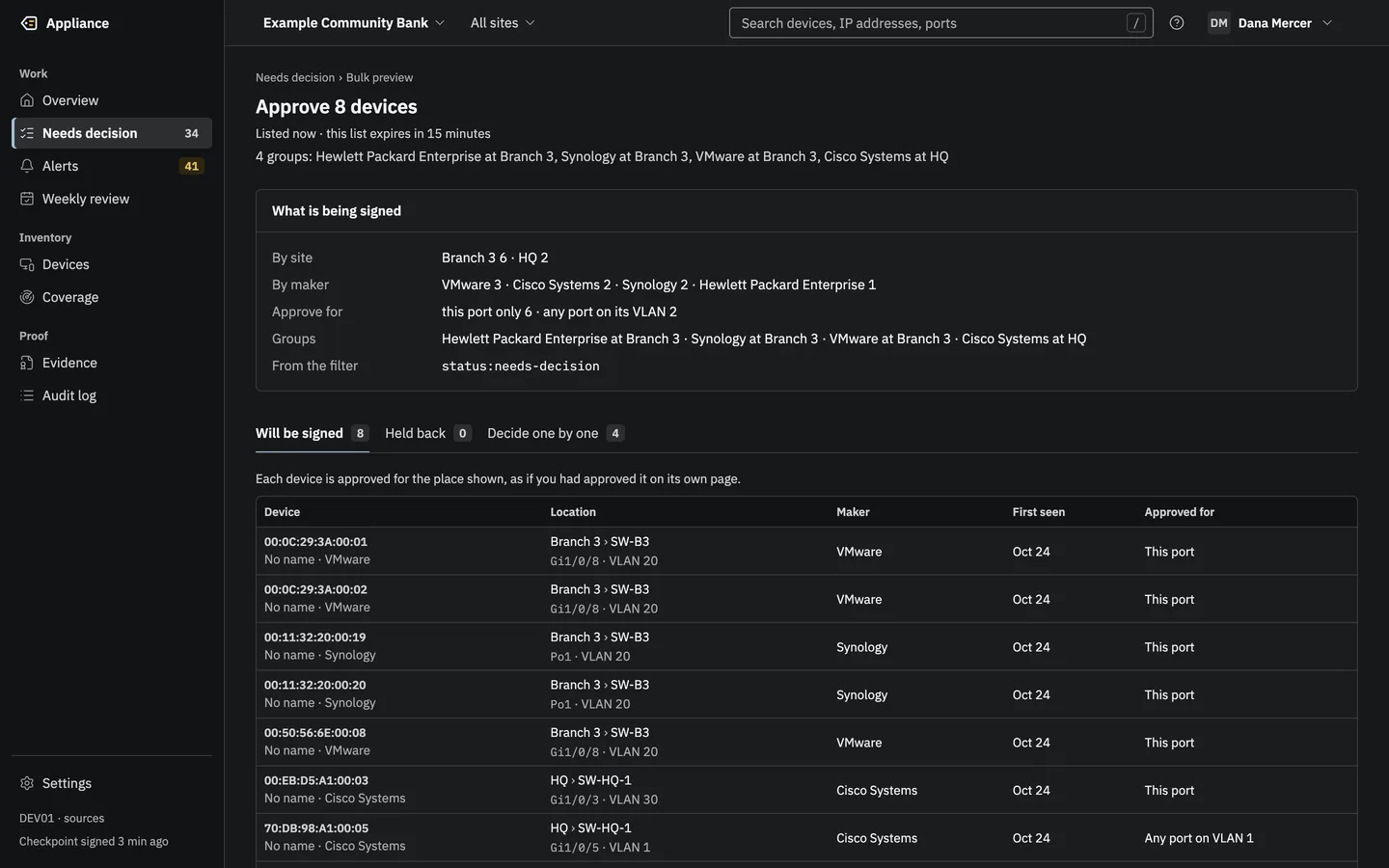The bulk preview for approving 8 devices, counted by site, maker and approval scope, with Will be signed 8, Held back 0 and Decide one by one 4.