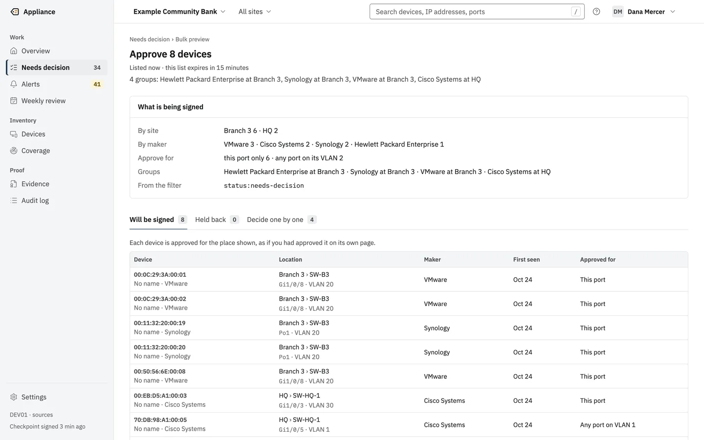 The bulk preview for approving 8 devices, counted by site, maker and approval scope, with Will be signed 8, Held back 0 and Decide one by one 4.