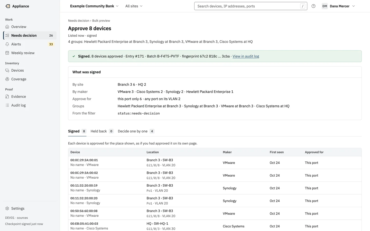 The result of a bulk sign-off: Signed, 8 devices approved, with the audit entry number, the batch ID and a fingerprint.