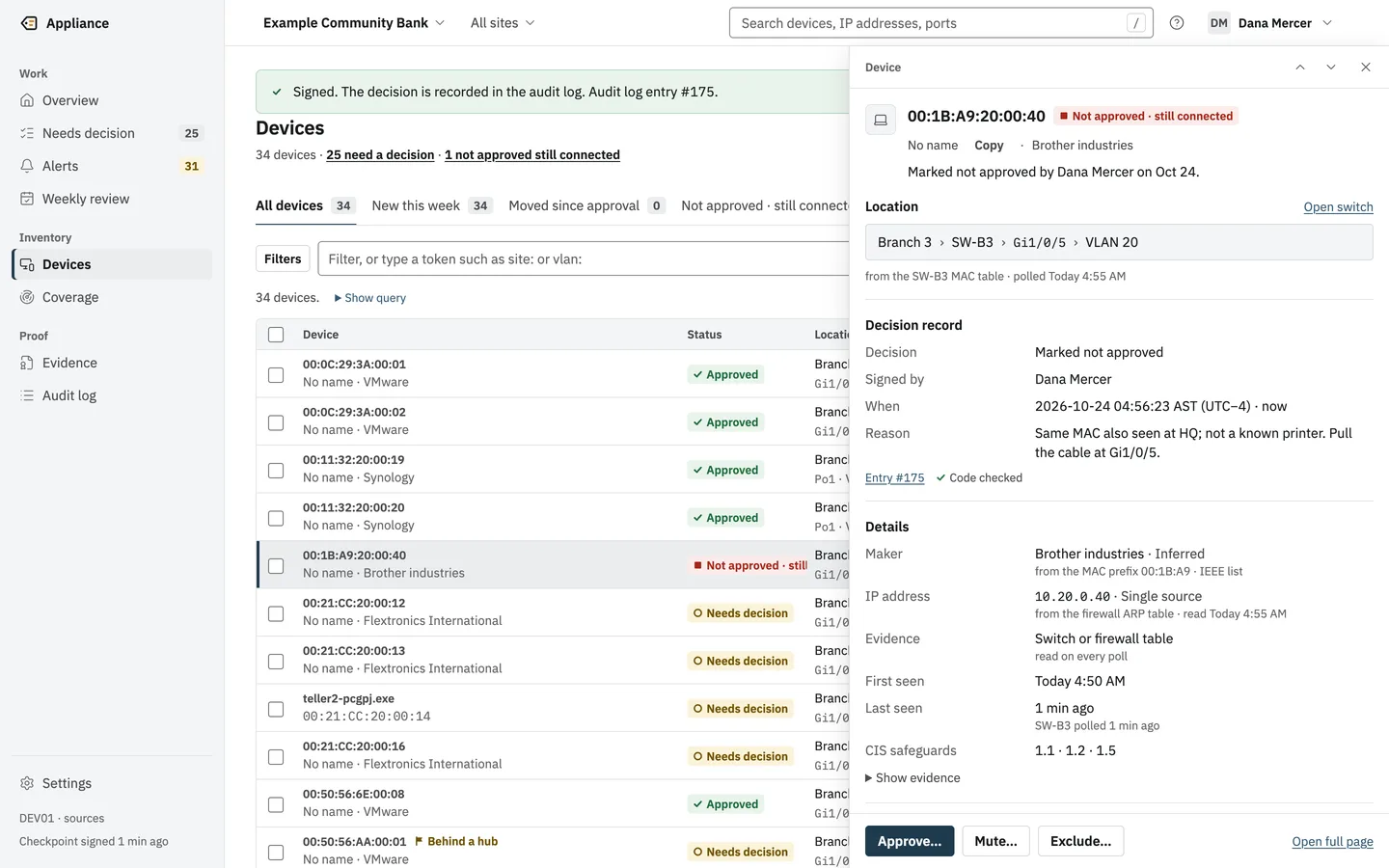 A device drawer after signing, showing the decision record: who, when with the time zone offset, the reason, the audit entry number and Code checked.