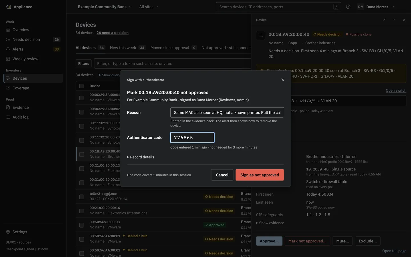 A dialog to mark a device not approved, with a reason and the authenticator code.