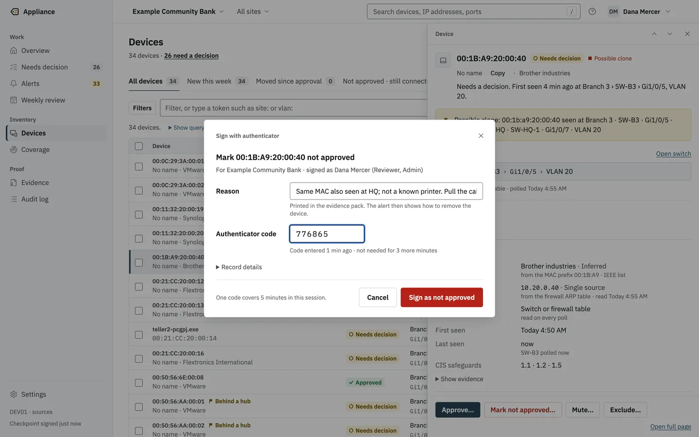 A dialog to mark a device not approved, with a reason and the authenticator code.