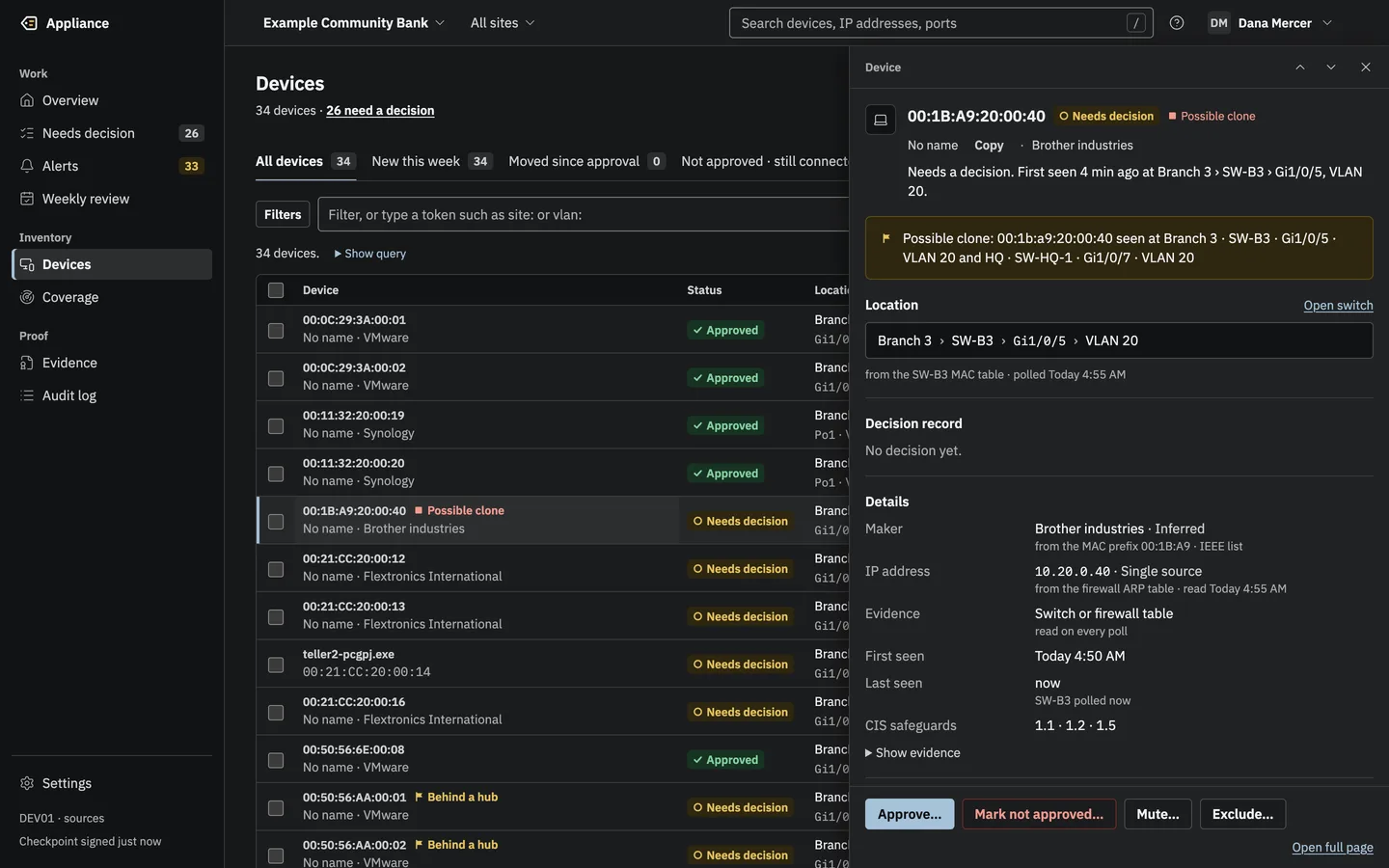 A device drawer flagged Possible clone: the same MAC address seen at Branch 3 and at HQ, with the source of each fact and CIS safeguard references.