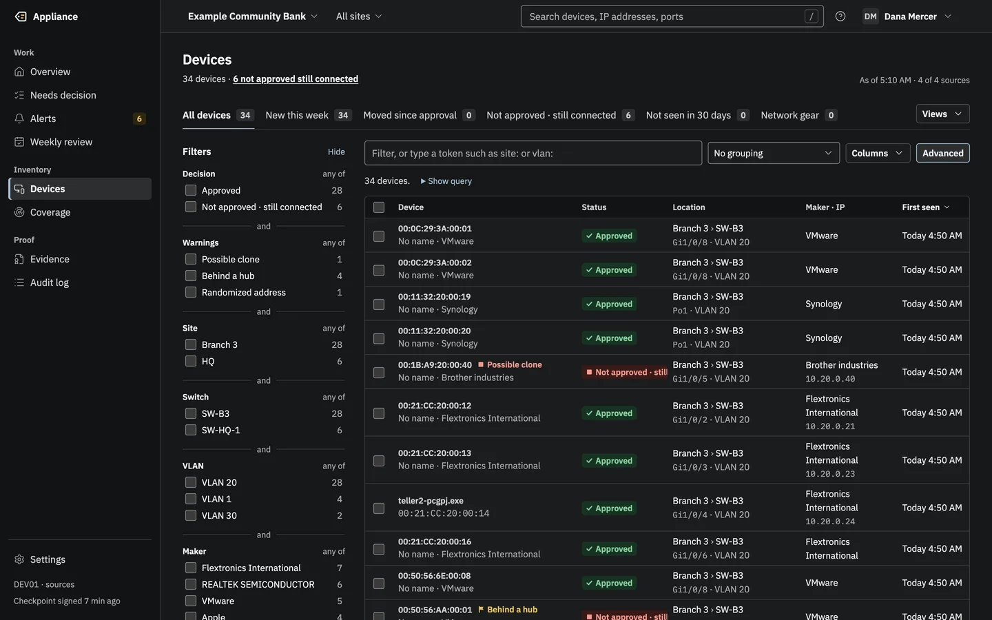 The Devices list: 34 devices with status, location as site, switch, port and VLAN, maker, IP address and first seen.