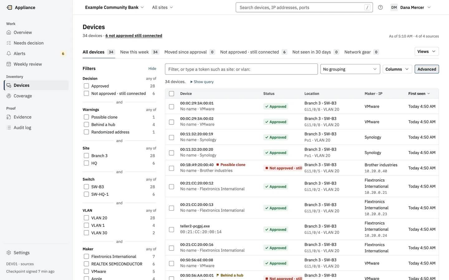 The Devices list: 34 devices with status, location as site, switch, port and VLAN, maker, IP address and first seen.