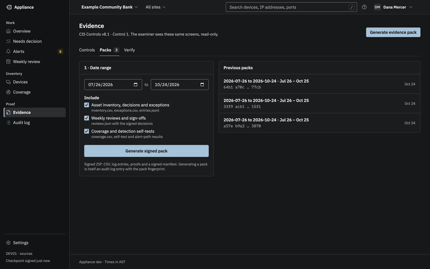 The evidence pack screen: a date range, what to include, a Generate signed pack button, and earlier packs with their fingerprints.