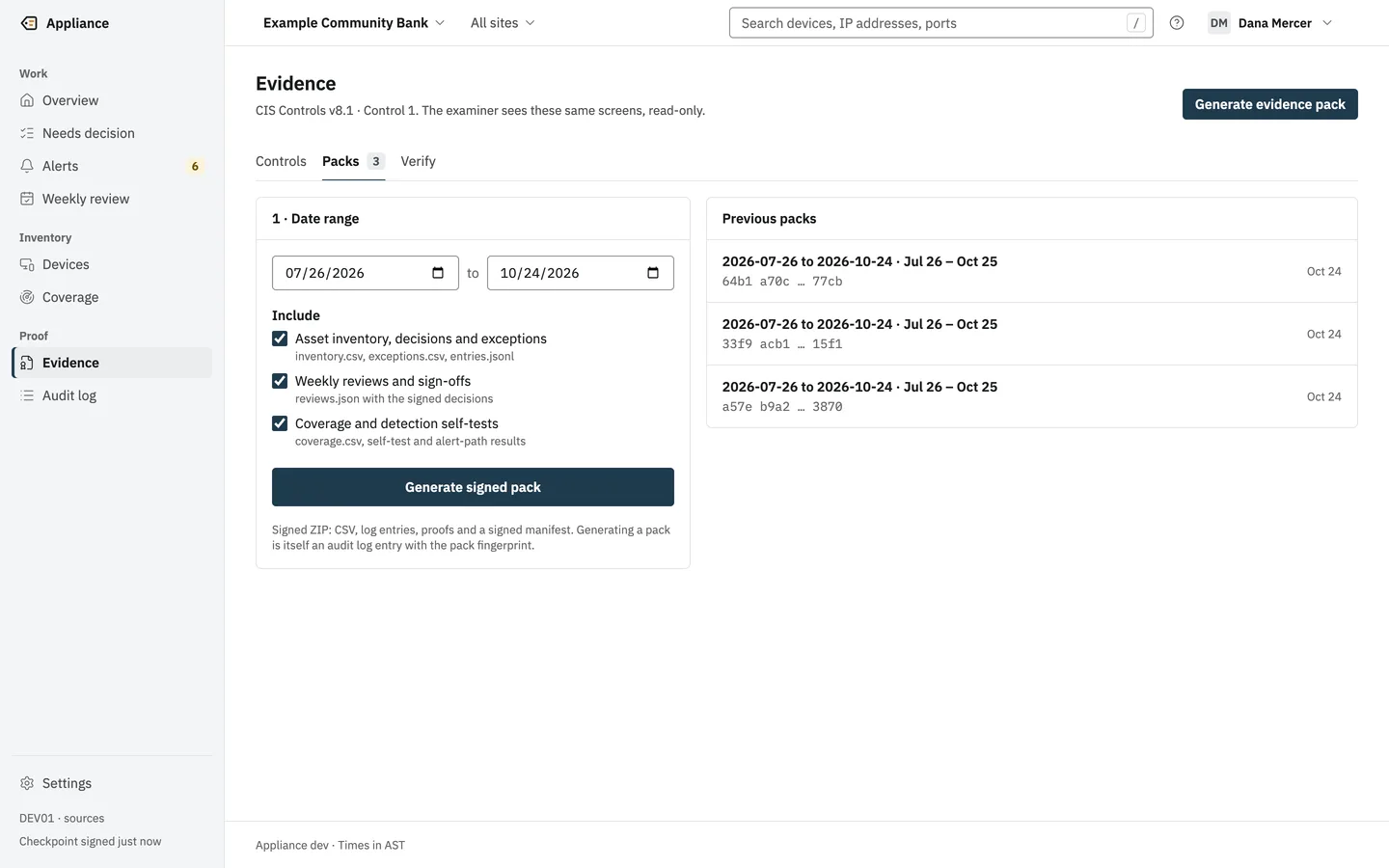 The evidence pack screen: a date range, what to include, a Generate signed pack button, and earlier packs with their fingerprints.