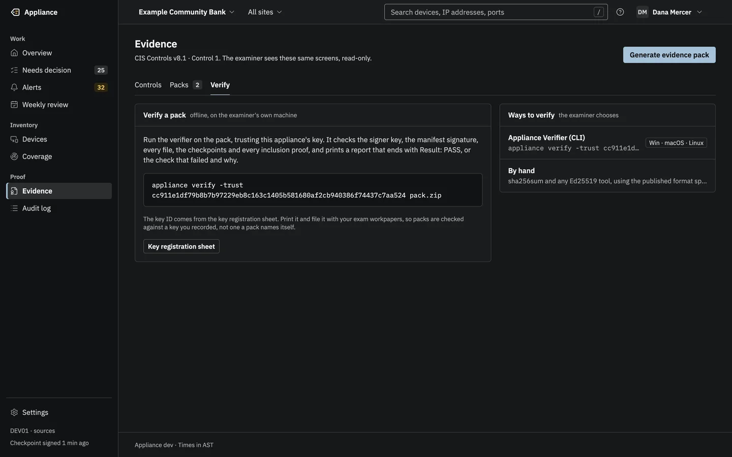 The Verify tab: the exact verify command with the key ID, the key registration sheet, and the ways to verify on Windows, macOS or Linux, or by hand.