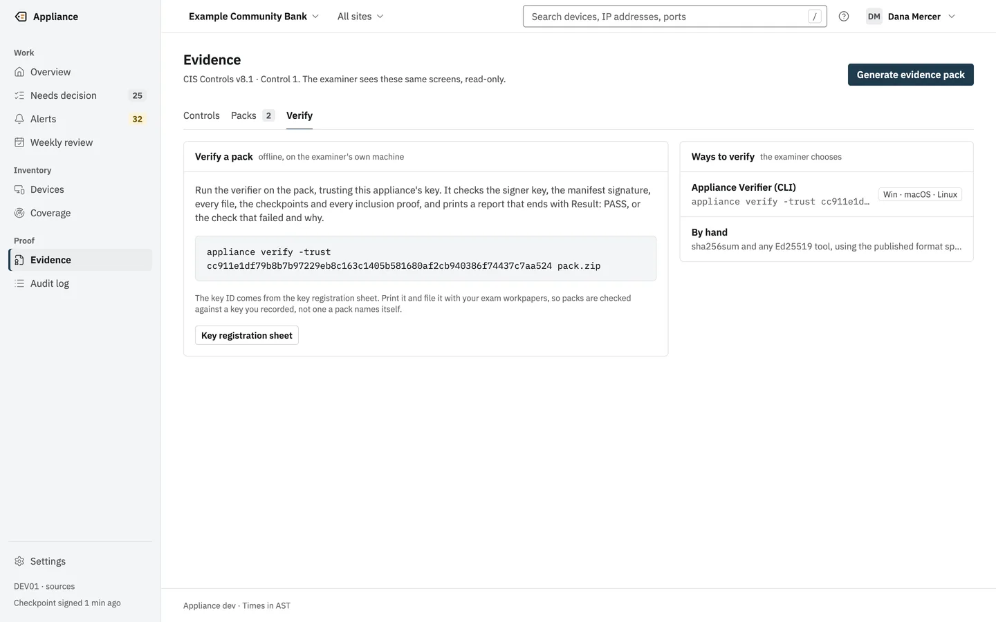 The Verify tab: the exact verify command with the key ID, the key registration sheet, and the ways to verify on Windows, macOS or Linux, or by hand.