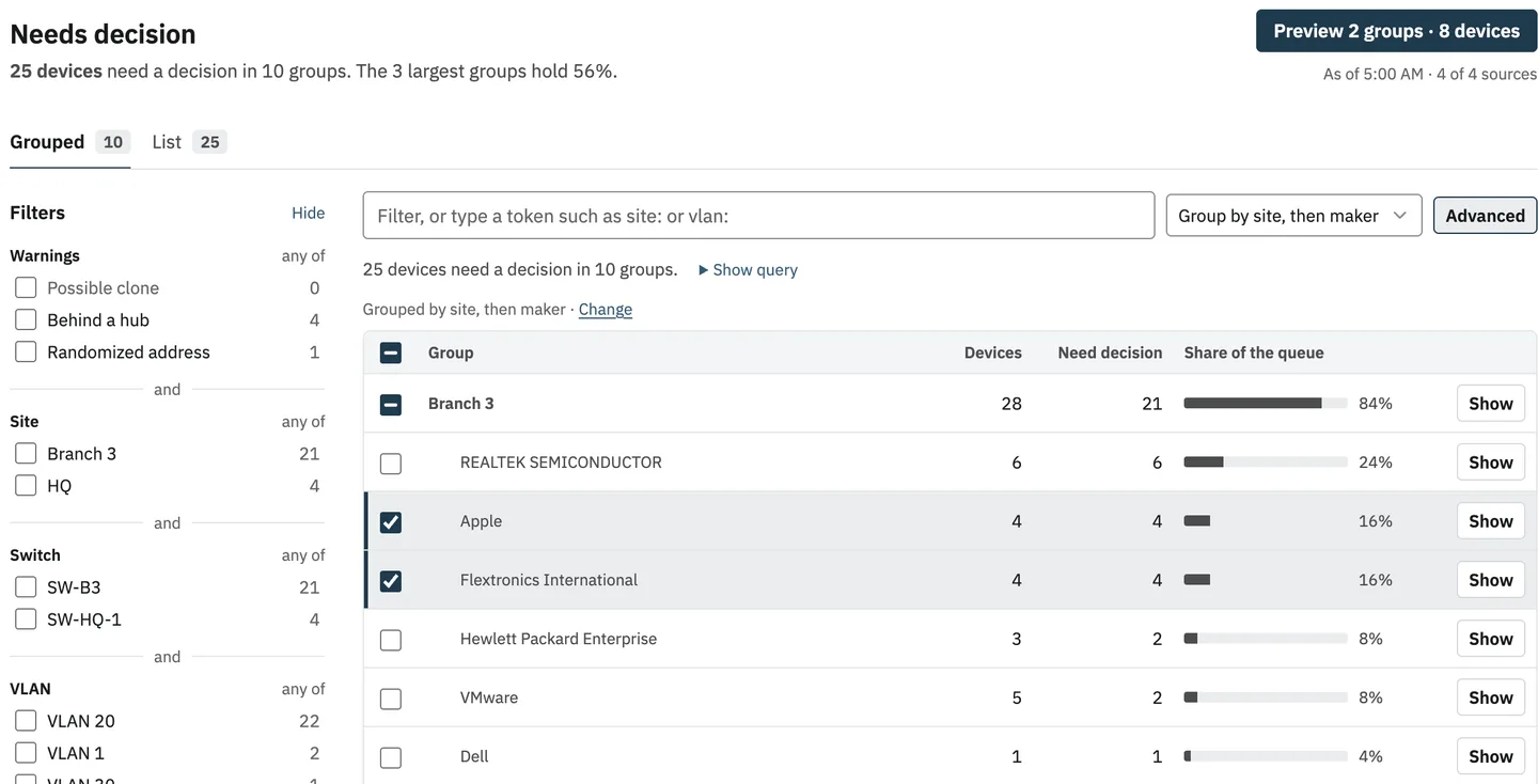 Needs decision, grouped by site, then maker: 25 devices in 10 groups. The Apple and Flextronics International groups at Branch 3 are ticked, and the button reads Preview 2 groups, 8 devices.
