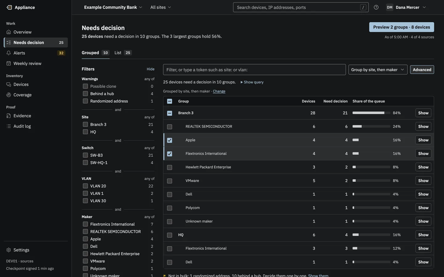 The Needs decision queue grouped by site, then maker: 25 devices in 10 groups, two groups ticked, and a button reading Preview 2 groups, 8 devices. Facet filters sit on the left.