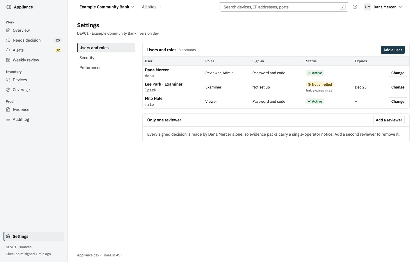 Users and roles: a Reviewer and Admin, a time-limited examiner account not yet enrolled, a Viewer, and an Only one reviewer notice.